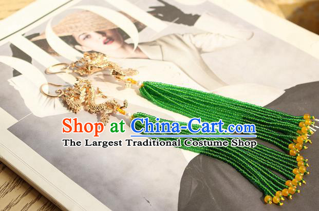 China Classical Cheongsam Golden Dragon Ear Jewelry Handmade National Green Beads Tassel Earrings