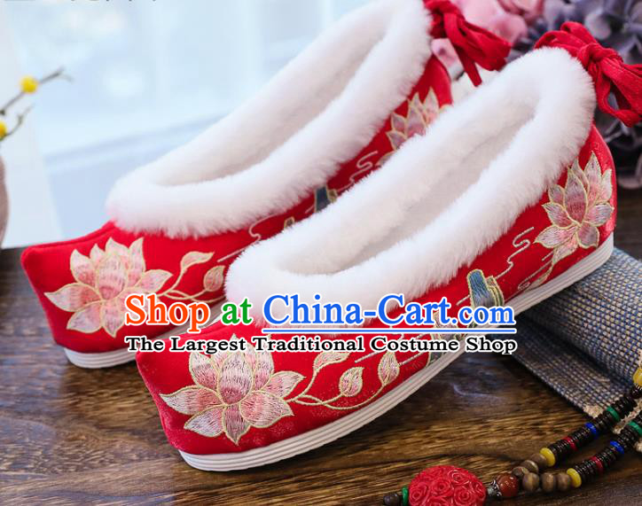 China National Winter Embroidered Lotus Shoes Traditional Wedding Red Satin Shoes Handmade Ming Dynasty Bow Shoes