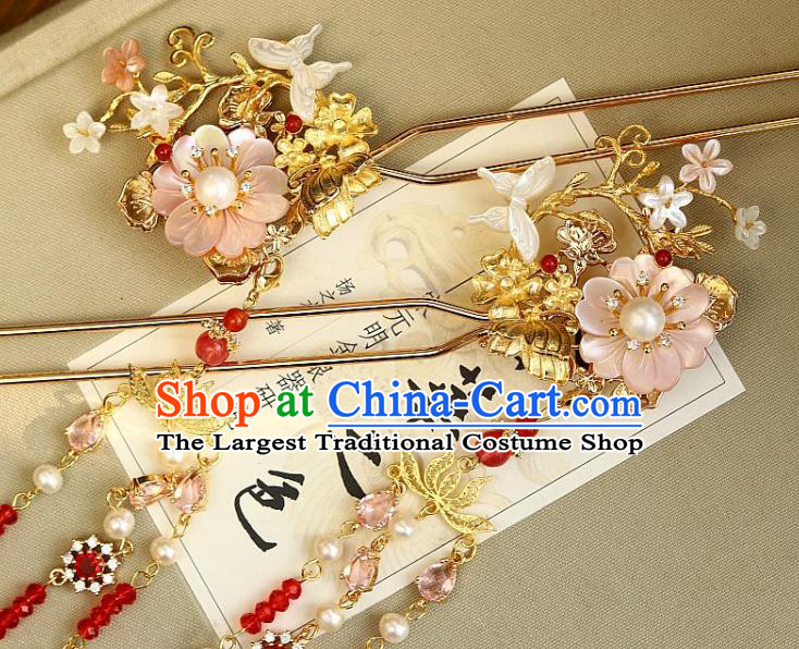 Chinese Ancient Queen Tassel Hairpin Traditional Ming Dynasty Empress Pink Peach Blossom Hair Stick