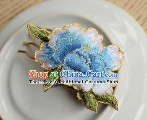 China Handmade Classical Cheongsam Hair Comb National Embroidered Light Blue Peony Hairpin