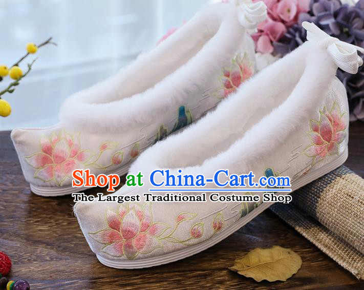 China Ancient Ming Dynasty Princess Bow Shoes National Winter Embroidered Lotus Shoes Traditional White Cloth Shoes