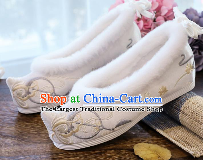 China Traditional Hanfu Cloth Shoes Ancient Ming Dynasty Princess Bow Shoes National Winter White Embroidered Shoes