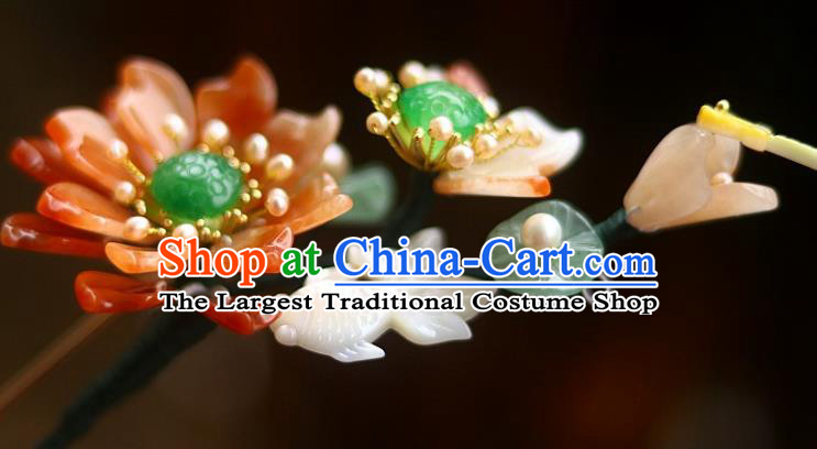 Chinese Ancient Queen Shell Goldfish Hairpin Traditional Song Dynasty Empress Red Lotus Hair Stick