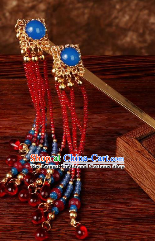 Chinese Ancient Princess Hairpin Traditional Ming Dynasty Wedding Red Beads Tassel Hair Stick