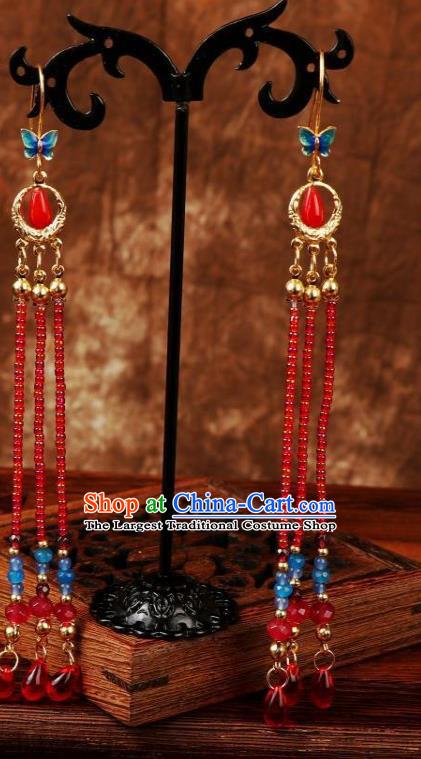 China Traditional Ming Dynasty Wedding Earrings Handmade Ancient Princess Red Beads Tassel Ear Accessories