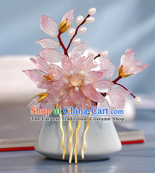 Chinese Ancient Hair Accessories Princess Hairpin Traditional Hanfu Pink Flowers Hair Comb