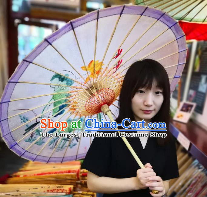 China Classical Dance Violet Oil Paper Umbrella Traditional Hanfu Painting Lotus Umbrella Handmade Oilpaper Umbrella