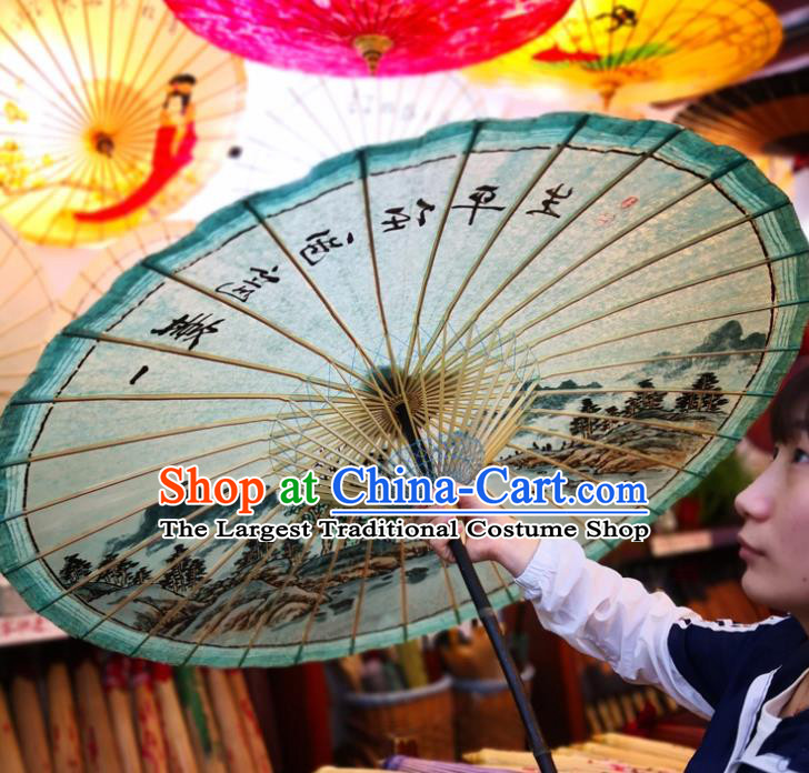 China Handmade Light Green Oilpaper Umbrella Ink Painting Landscape Oil Paper Umbrella Traditional Hanfu Dance Umbrella