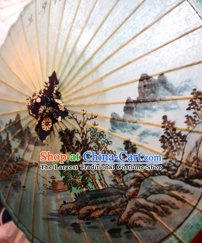 China Handmade Light Green Oilpaper Umbrella Ink Painting Landscape Oil Paper Umbrella Traditional Hanfu Dance Umbrella