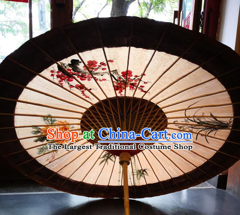 China Handmade Ink Painting Plum Orchids Bamboo Chrysanthemum Oilpaper Umbrella Traditional Oil Paper Umbrella