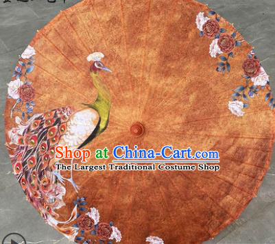 China Classical Dance Umbrella Hand Painting Peacock Brown Silk Umbrella Traditional Umbrella Craft