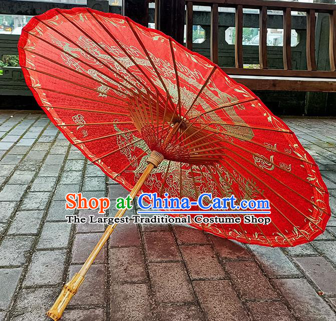 China Classical Wedding Umbrella Hand Painting Phoenix Dragon Umbrella Traditional Red Oilpaper Umbrella Craft
