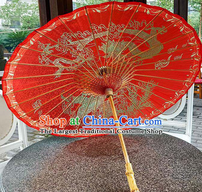 China Classical Wedding Umbrella Hand Painting Phoenix Dragon Umbrella Traditional Red Oilpaper Umbrella Craft