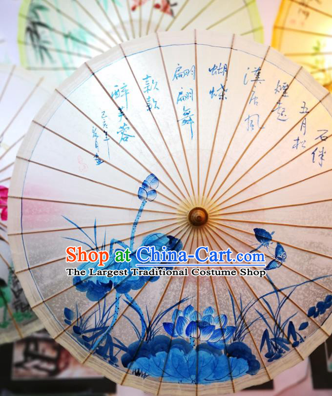 China Traditional Hanfu Oilpaper Umbrella Hand Painting Blue Lotus Umbrella Classical Dance Oil Paper Umbrella