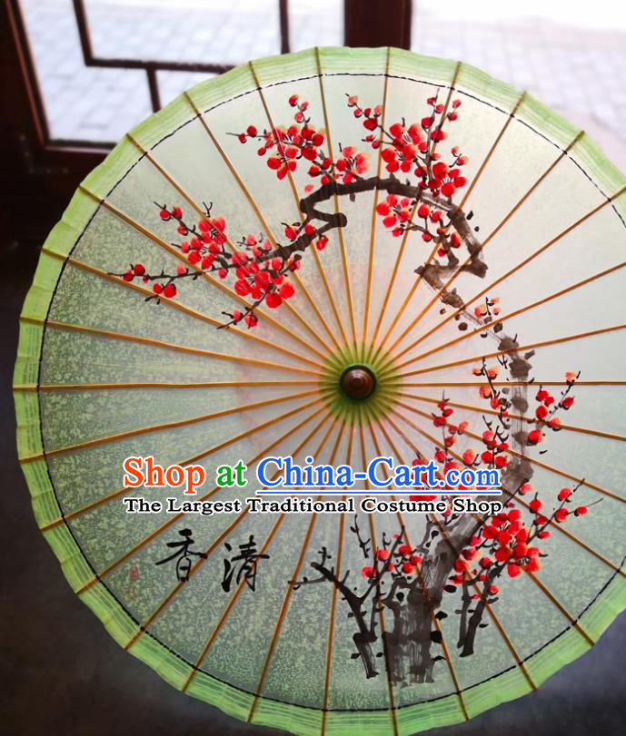 China Classical Dance Green Oil Paper Umbrella Traditional Hanfu Oilpaper Umbrella Hand Ink Painting Plum Umbrella