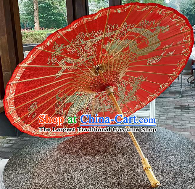 China Classical Wedding Umbrella Hand Painting Phoenix Dragon Umbrella Traditional Red Oilpaper Umbrella Craft