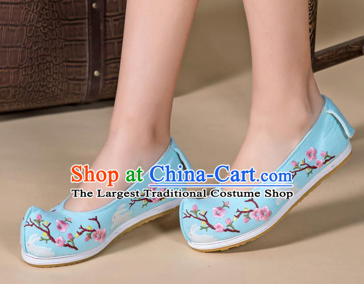 Chinese Classical Dance Shoes Traditional Ming Dynasty Hanfu Shoes Handmade Embroidered Plum Blue Cloth Shoes