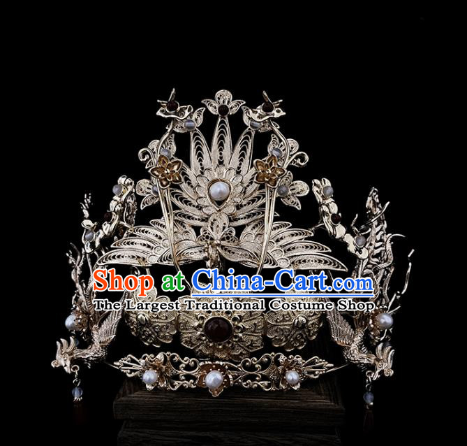 China Ancient Empress Hair Accessories Handmade Traditional Ming Dynasty Court Golden Phoenix Hair Crown