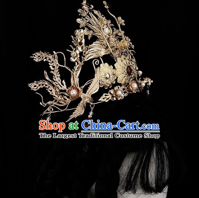 China Ancient Empress Hair Accessories Handmade Traditional Ming Dynasty Court Golden Phoenix Hair Crown