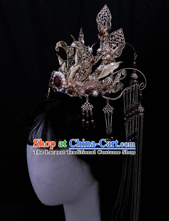 China Ancient Queen Hair Accessories Handmade Traditional Ming Dynasty Empress Golden Hair Crown