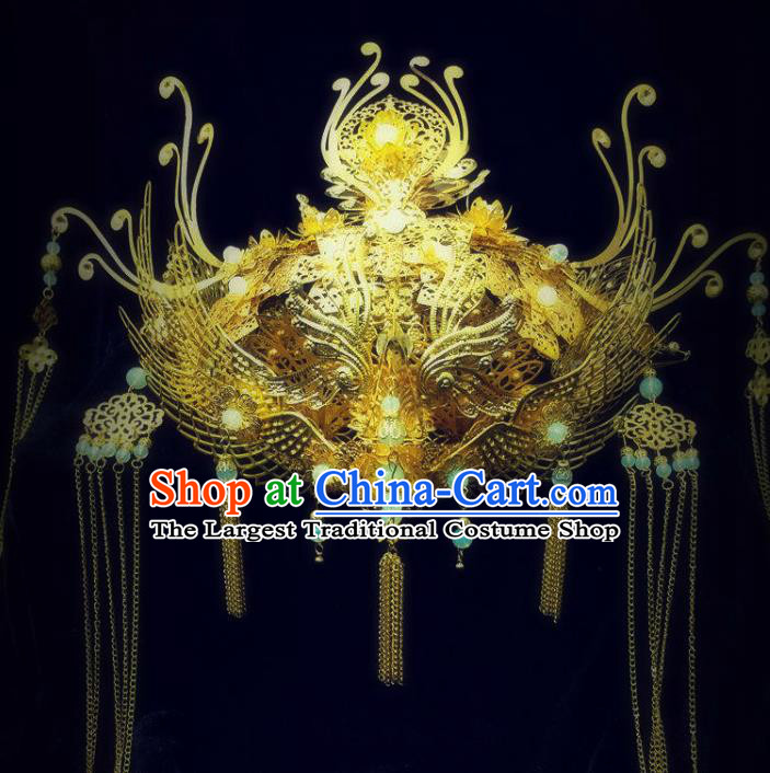 China Ancient Imperial Consort Golden Hair Crown Handmade Traditional Tang Dynasty Court Phoenix Coronet