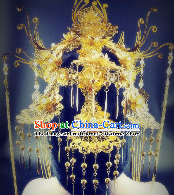 China Ancient Imperial Consort Golden Hair Crown Handmade Traditional Tang Dynasty Court Phoenix Coronet