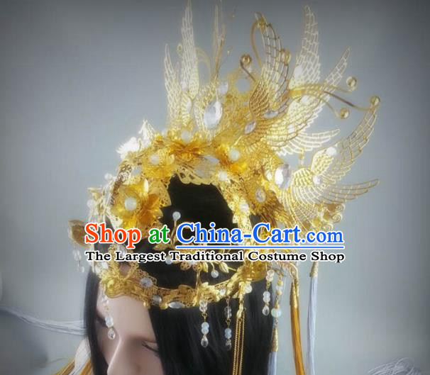 China Ancient Goddess Queen Phoenix Coronet Headwear Handmade Traditional Cosplay Empress Golden Hair Crown