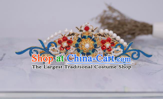 China Ancient Palace Lady Pearls Hair Stick Traditional Ming Dynasty Blueing Hair Crown