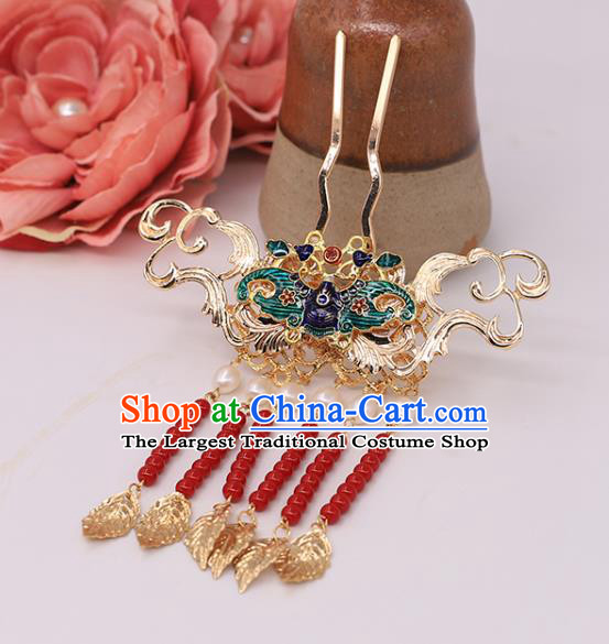 China Ancient Princess Red Beads Tassel Hairpin Traditional Ming Dynasty Young Lady Blueing Bat Hair Stick