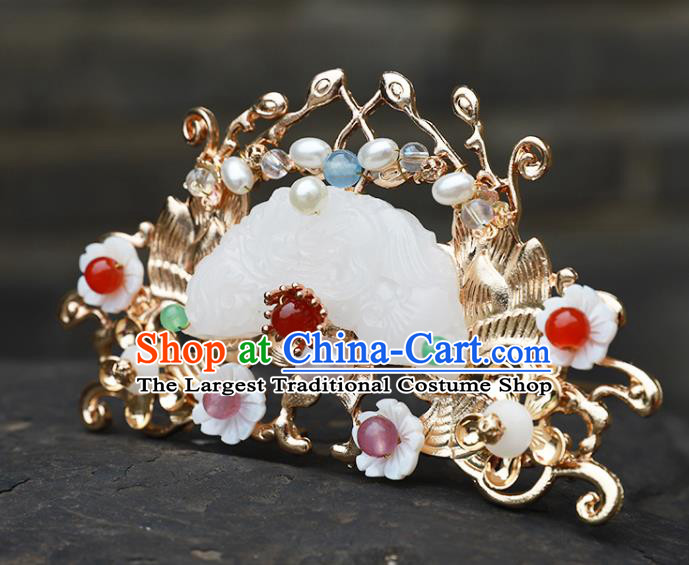 China Ancient Court Lady Golden Hairpin Traditional Ming Dynasty Princess Jade Hair Crown
