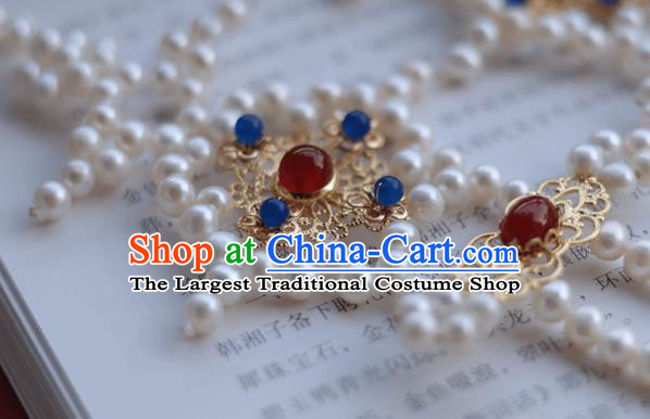 China Ancient Queen Pearls Tassel Hairpin Traditional Ming Dynasty Empress Golden Phoenix Hair Stick