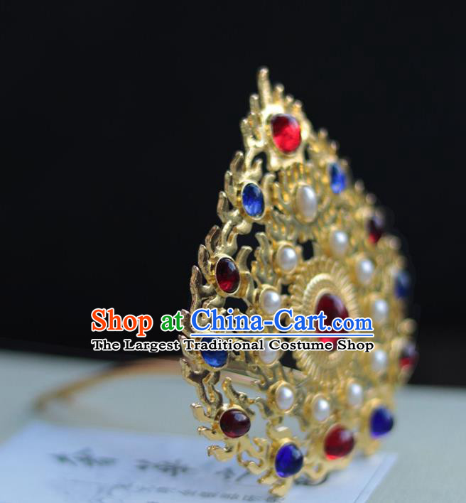 China Ancient Court Woman Golden Hairpin Traditional Ming Dynasty Empress Gems Pearls Hair Crown