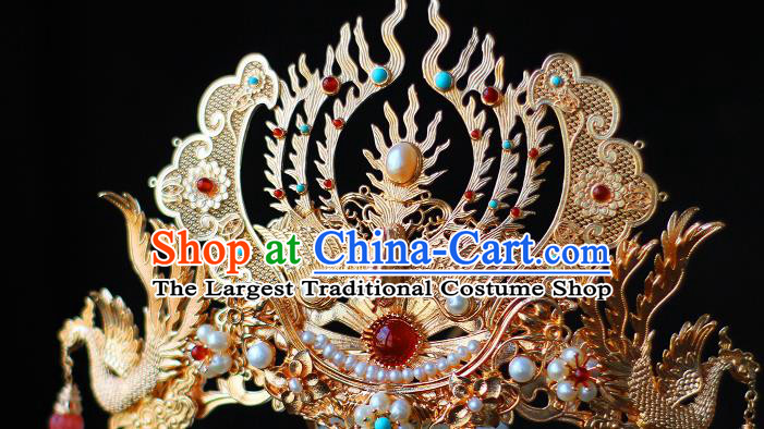China Ancient Royal Empress Pearls Hairpin Traditional Ming Dynasty Queen Golden Phoenix Hair Crown