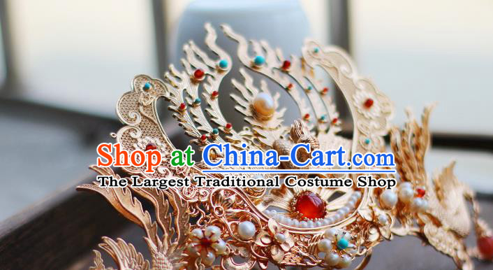 China Ancient Royal Empress Pearls Hairpin Traditional Ming Dynasty Queen Golden Phoenix Hair Crown