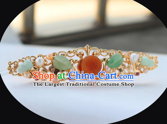 China Ancient Palace Lady Golden Hairpin Traditional Ming Dynasty Princess Agate Pearls Hair Crown