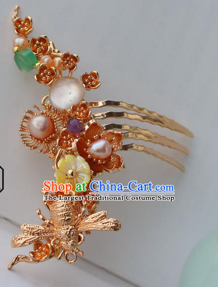 China Ancient Palace Lady Golden Bee Hairpin Traditional Ming Dynasty Princess Shell Plum Hair Comb