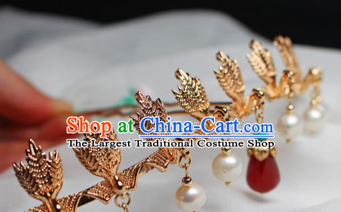 China Ancient Royal Empress Pearls Tassel Hairpin Traditional Ming Dynasty Noble Woman Golden Phoenix Hair Crown