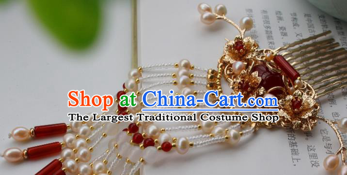China Ancient Court Woman Agate Hairpin Hair Jewelry Traditional Ming Dynasty Empress Pearls Tassel Hair Comb