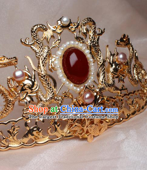 China Ancient Empress Pearls Headdress Hairpin Traditional Ming Dynasty Queen Golden Dragon Hair Crown