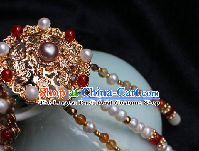China Ancient Empress Pearls Tassel Hairpin Traditional Ming Dynasty Queen Golden Dragon Hair Stick
