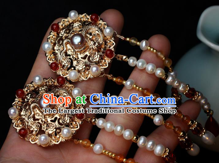 China Ancient Empress Pearls Tassel Hairpin Traditional Ming Dynasty Queen Golden Dragon Hair Stick