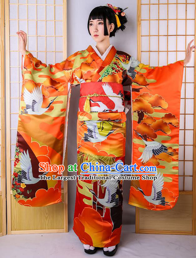 Asian Japan Court Bride Furisode Kimono Costume Japanese Traditional Wedding Printing Crane Red Satin Yukata Dress Apparels