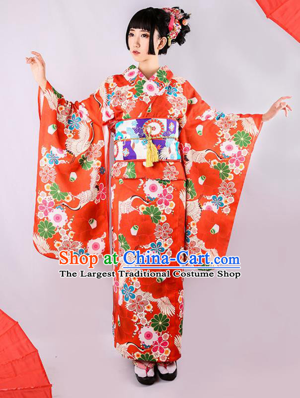 Japanese Traditional Printing Camellia Yukata Dress Asian Japan Wedding Bride Red Furisode Kimono Costume
