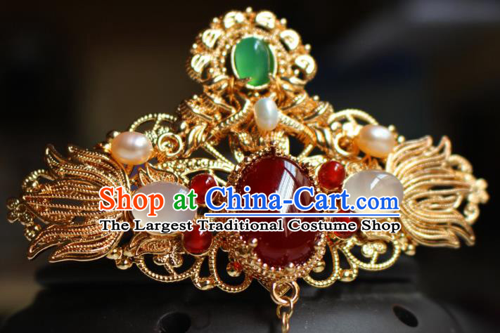 China Ancient Imperial Concubine Agate Hairpin Headwear Traditional Ming Dynasty Court Woman Goldfish Hair Crown