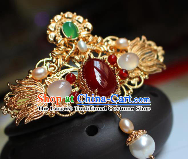 China Ancient Imperial Concubine Agate Hairpin Headwear Traditional Ming Dynasty Court Woman Goldfish Hair Crown
