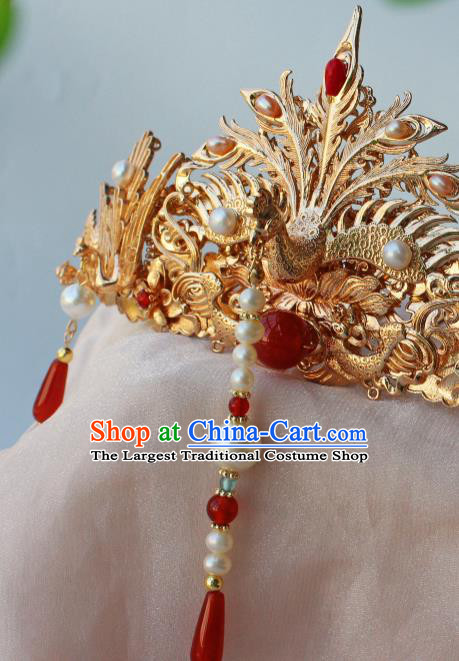 China Ancient Court Queen Hair Jewelry Traditional Ming Dynasty Empress Golden Phoenix Hair Crown