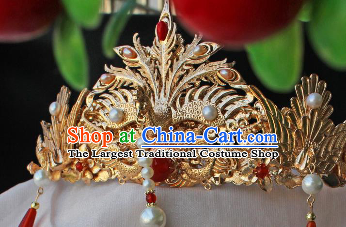 China Ancient Court Queen Hair Jewelry Traditional Ming Dynasty Empress Golden Phoenix Hair Crown