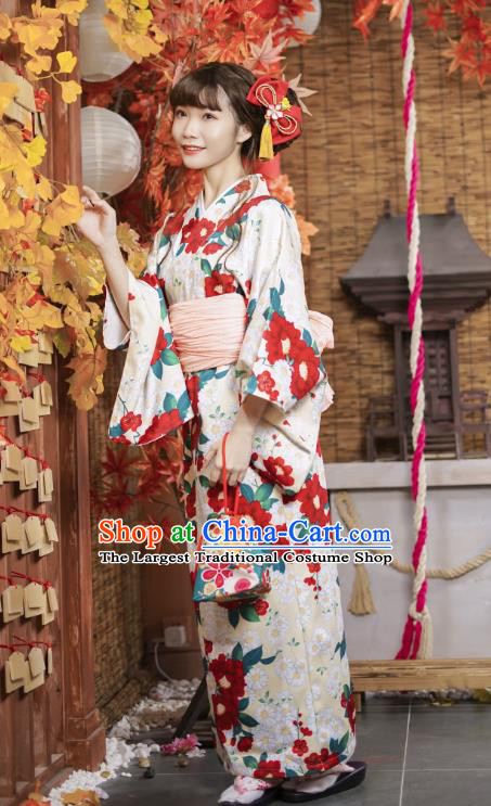 Japanese Traditional Yukata Costumes Asian Japan Printing Red Camellia Kimono Dress