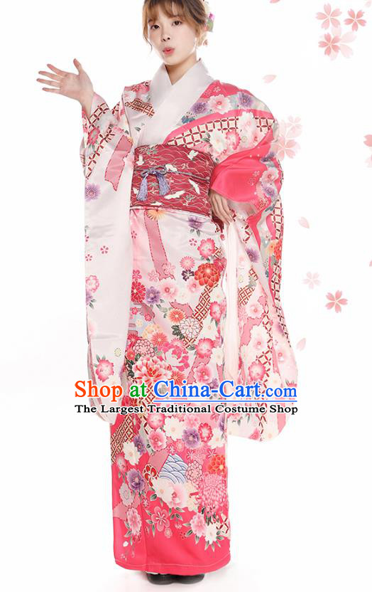 Asian Japan Hanabi Taikai Furisode Kimono Costume Japanese Traditional Printing Peony Pink Yukata Dress