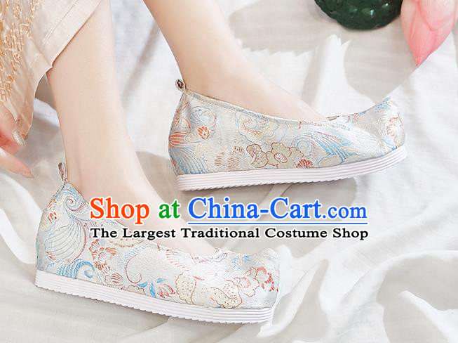 China Traditional Princess Hanfu Bow Shoes Handmade Woman Shoes National Beige Brocade Shoes